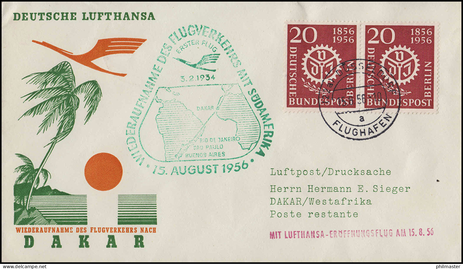 Eröffnungsflug Lufthansa Dakar, Düsseldorf 15.8.1956 / Dakar Principal 16.8.1956 - First Flight Covers