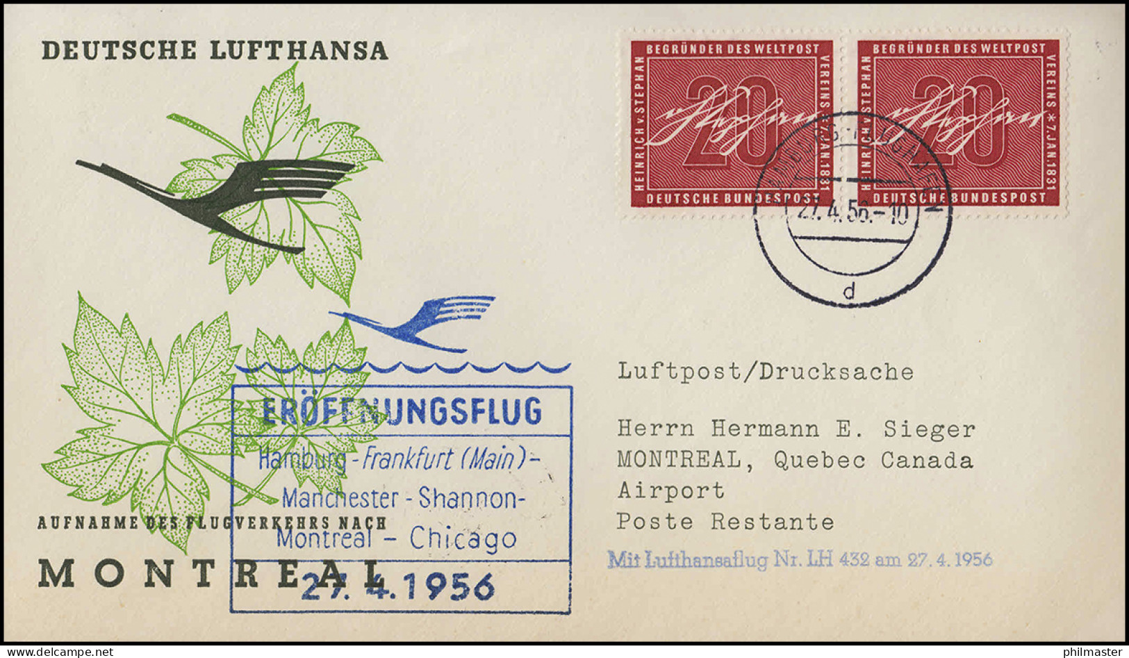 Eröffnungsflug Lufthansa LH 432 Montreal, Hamburg 27.4.1956 / Montreal 28.4.56 - First Flight Covers