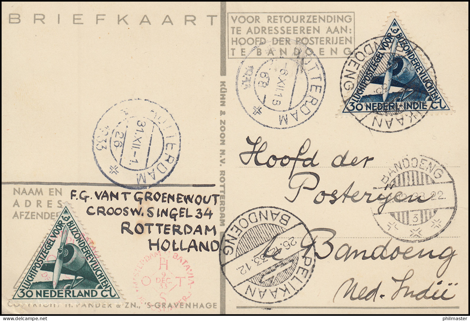 KLM-Flugpost Postjager/Pelikaan Amsterdam-Bandoeng 9.12.1933, Ab ROTTERDAM 6.12. - Poste Aérienne