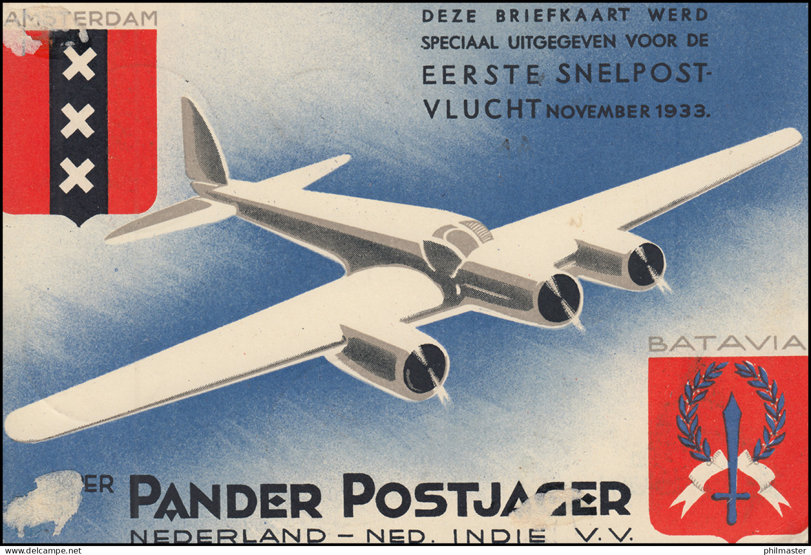 KLM-Flugpost Postjager/Pelikaan Amsterdam-Bandoeng 9.12.1933, Ab ROTTERDAM 6.12. - Poste Aérienne