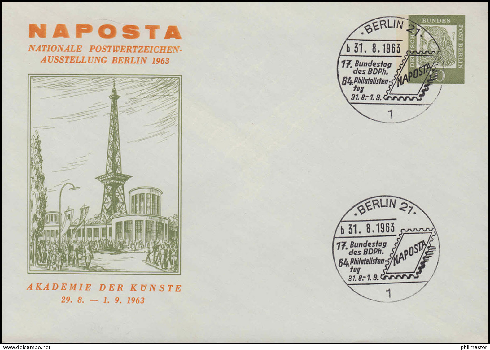 Berlin PU 29/7 NAPOSTA 1963 Ausstellung / Funkturm, SSt BDPh Bundestag 31.8.63 - Altri & Non Classificati