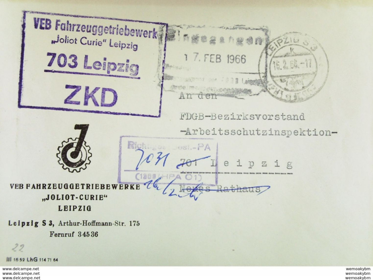 Dienst: Fern-Brief Mit Viol. ZKD-K-St. U. Kontr-Stpl. "Richtiges Best.-PA (1308/HPA 01)" Apt.OSt. Leipzig S3 Vom 15.2.66 - Lettres & Documents