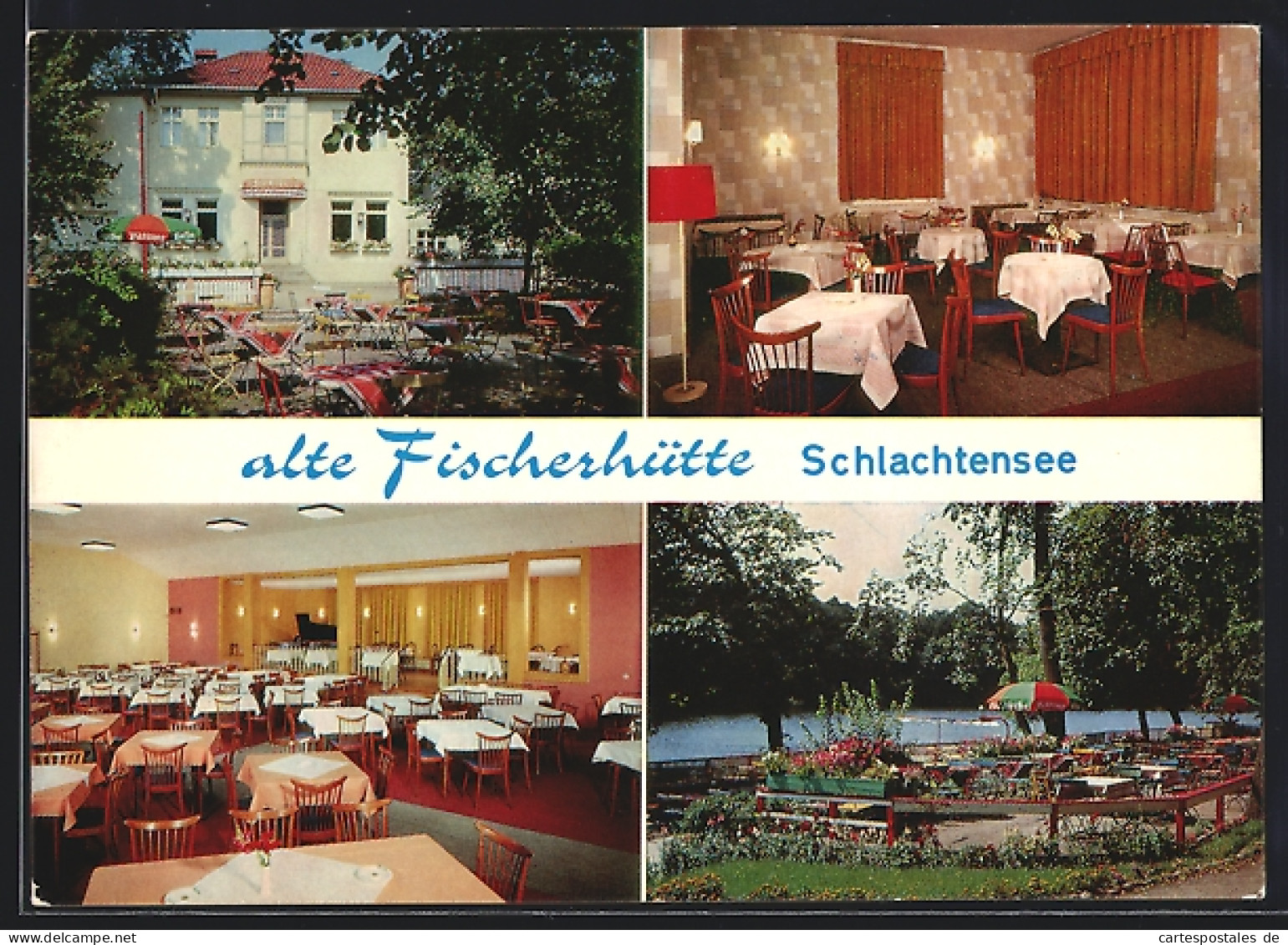 AK Berlin-Schlachtensee, Cafe-Restaurant-Pension Alte Fischerhütte, Aussenansicht U. Inneres, Bes. G. Zimmer  - Zehlendorf