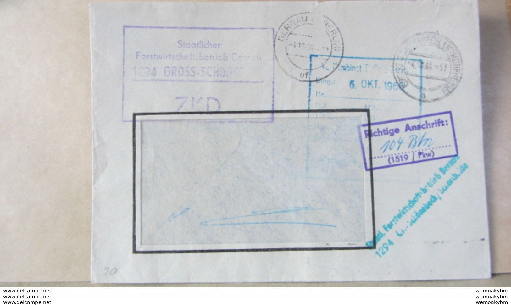 DDR: ZKD-Brf Mit ZKD-Kastenst. U. Kontr-Stpl. "Richtige Anschrift.. (1519/Pkw)"aus Grossschönebeck(Schorfheide) 4.10.66 - Storia Postale