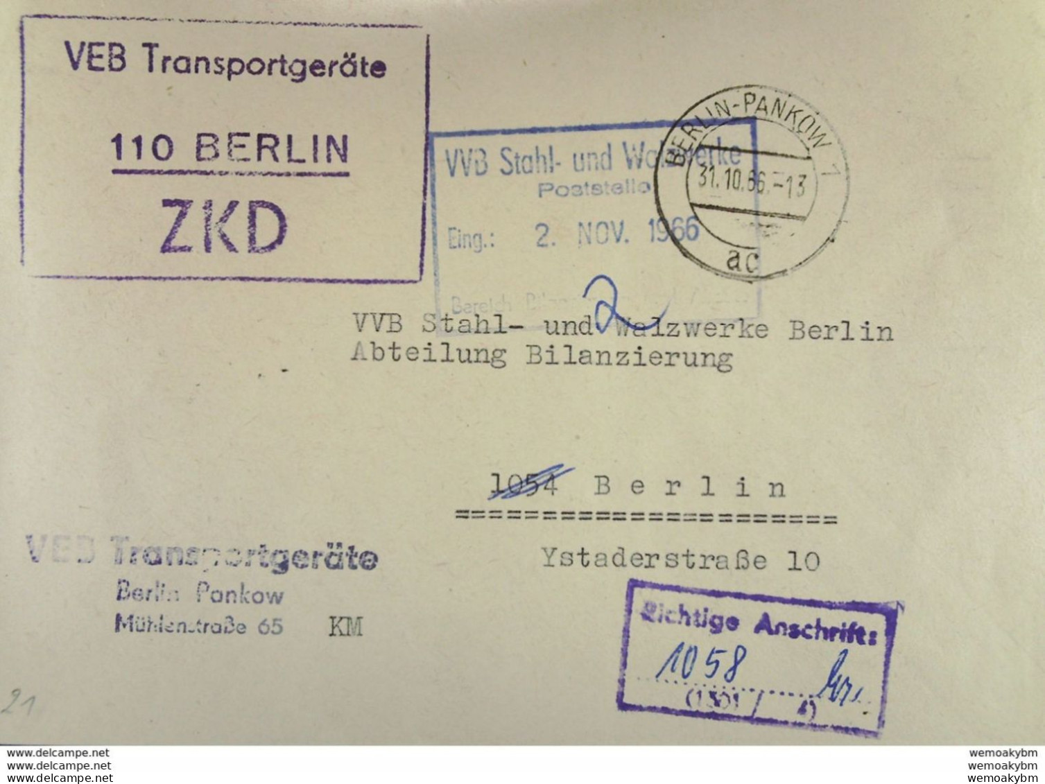 ZKD-Orts-Brf Mit Viol. ZKD-Kastenst. U. Kontr-Stpl. "Richtige Anschrift.. (1501/4)" VEB Transportgeräte Berlin 31.10.66 - Lettres & Documents