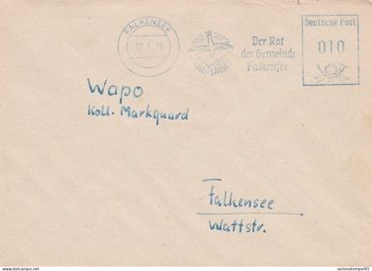 DDR Brief Mit Freistempel Falkensee 1960 Blau Der Rat Der Gemeinde Falkensee Motiv Vogel - Franking Machines (EMA)