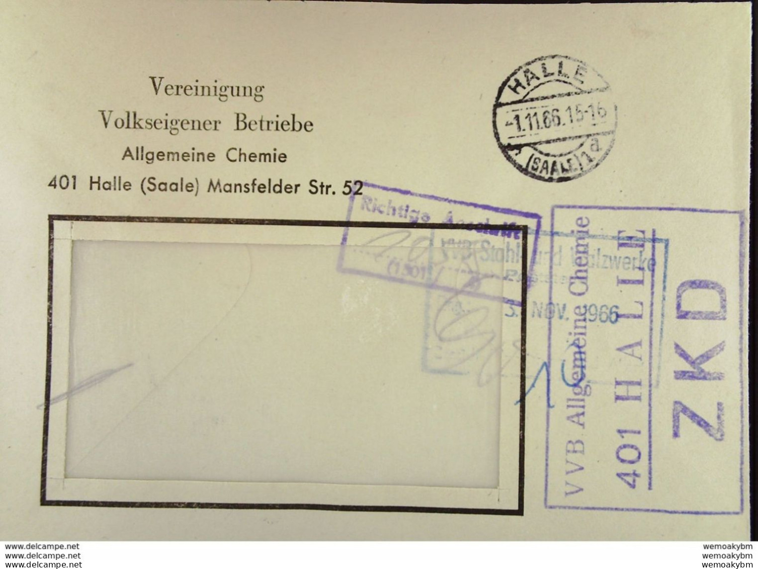 ZKD-Fern-Brief Mit Viol. ZKD-Kastenst. U. Kontr-Stpl. "Richtige Anschrift.. (1501/4)" VVB Allg. Chemie 401 Halle 1.11.66 - Briefe U. Dokumente