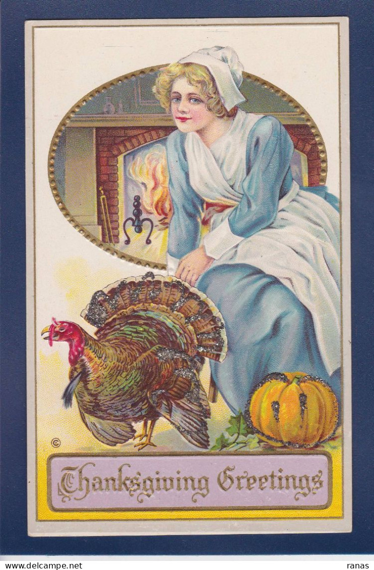 CPA Thanksgiving Fantaisie Fête Gaufrée Embossed Non Circulée Femme Woman Paillettes En Relief - Thanksgiving