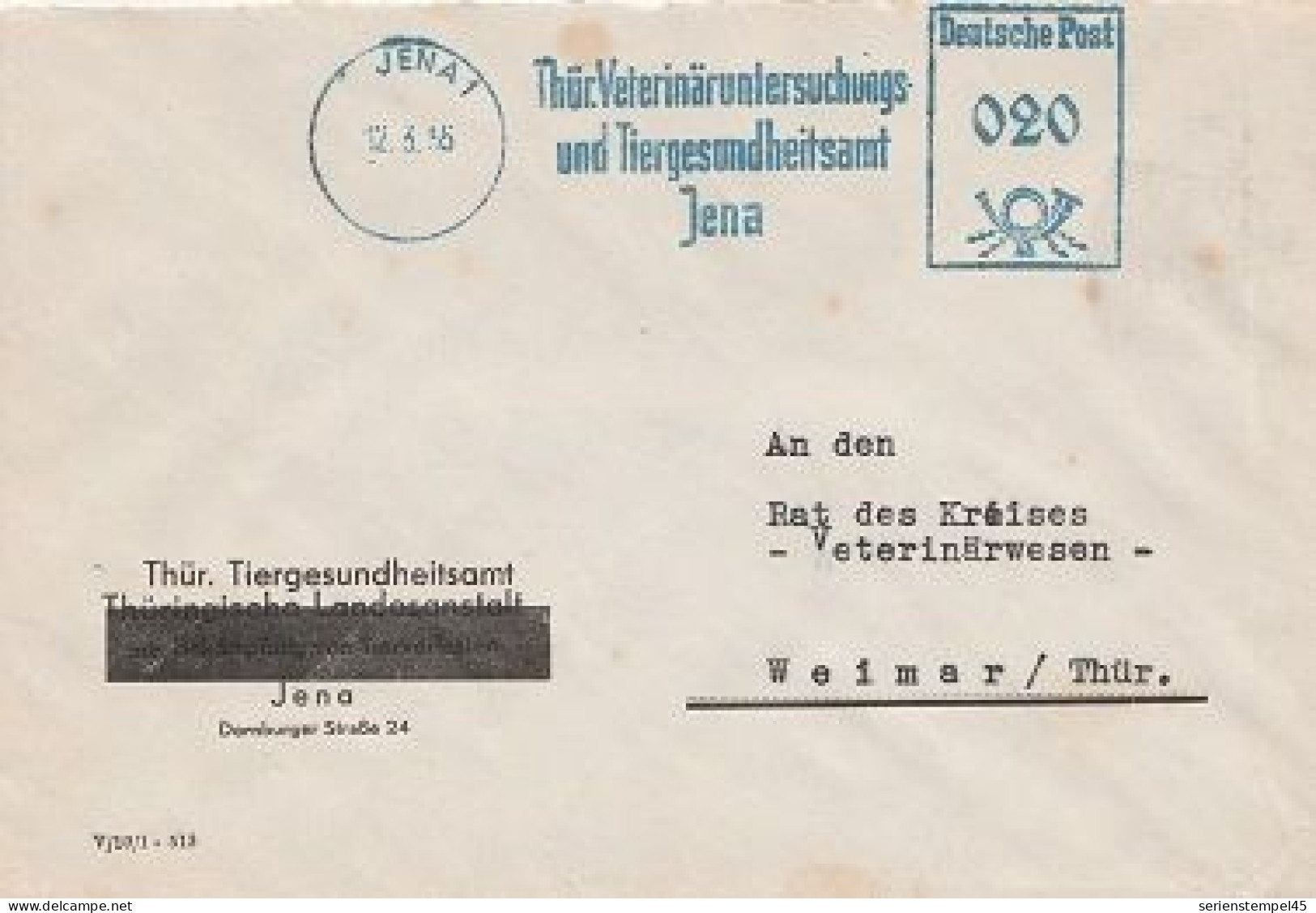 DDR Brief Mit Freistempel Jena 1955 Blau Thür. Veterinäruntersuchungs Und Tiergesundheitsamt Jena - Franking Machines (EMA)
