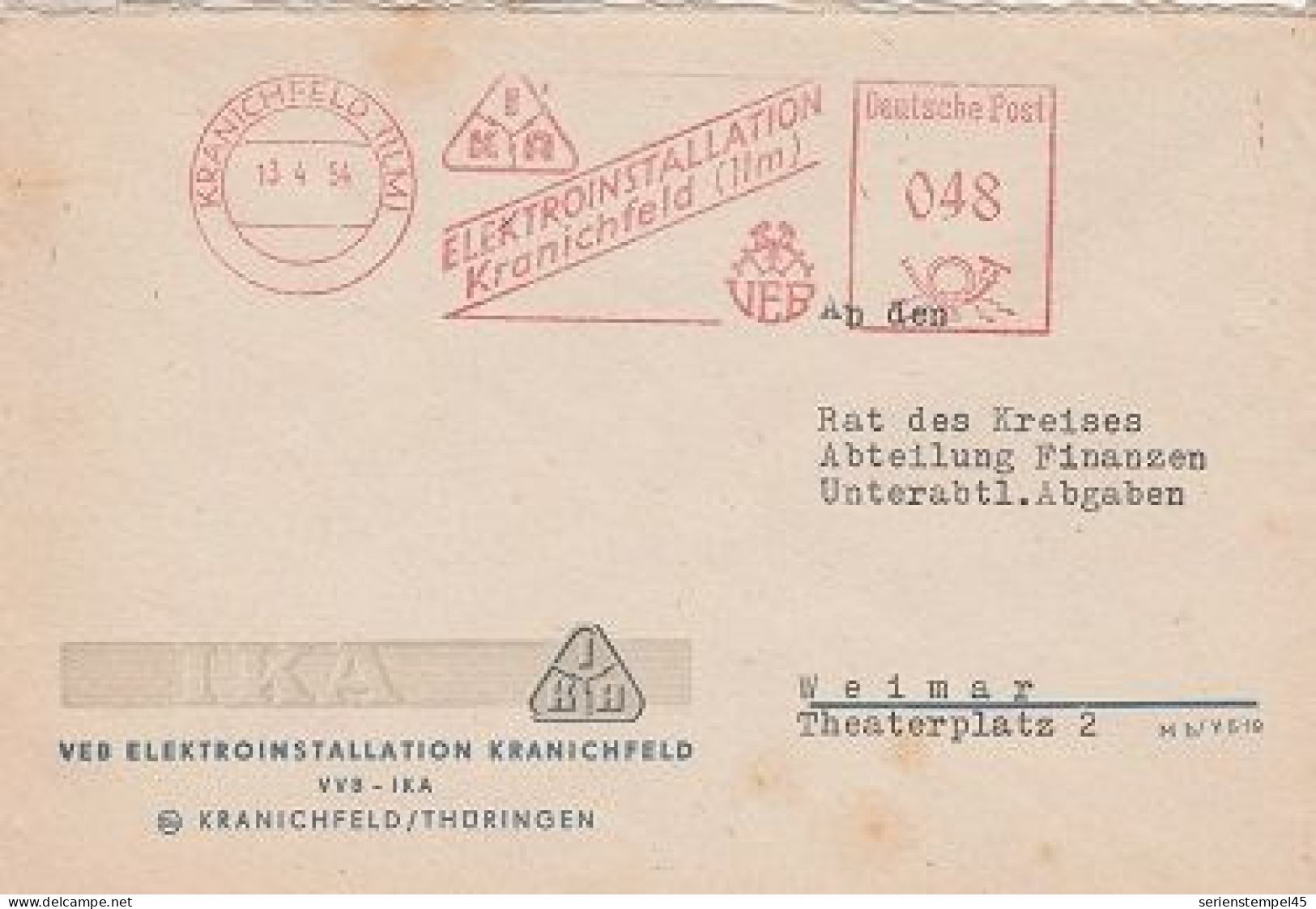 DDR Brief Mit Freistempel Kranichfeld Ilm 1954 Rot IKA VEB Elektroinstallation  48 Pfg - Machines à Affranchir (EMA)