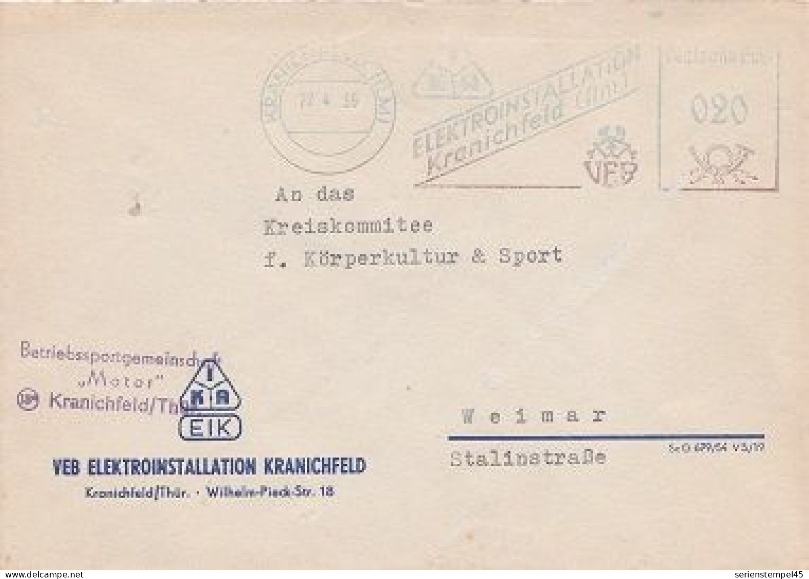 DDR Brief Mit Freistempel Kranichfeld Ilm 1955 Blau IKA VEB Elektroinstallation - Maschinenstempel (EMA)