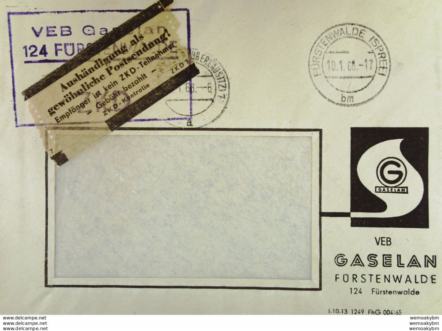 DDR: ZKD-Fern-Brf Mit ZKD-K-St. U Fahlbraunen Aufkleber "Aushändigung Als Gew. Postsendung!" Fürstenw. 19.1.65 Knr:ZKD7 - Covers & Documents