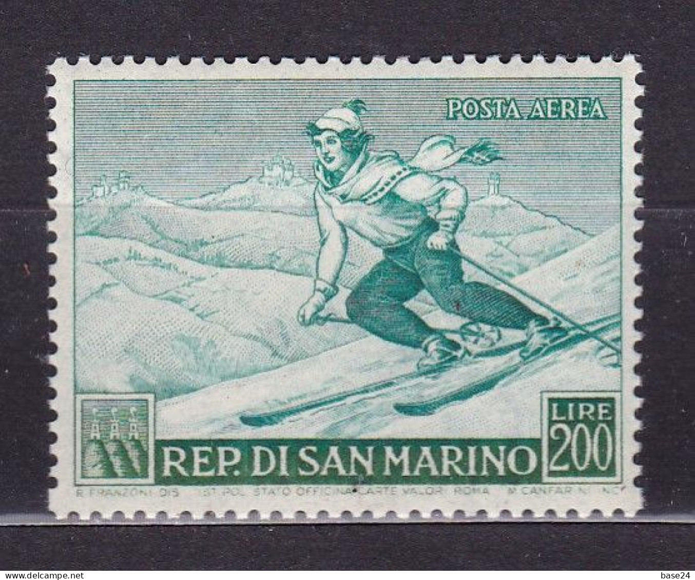 1953 San Marino Saint Marin SPORT I° PROPAGANDA SPORTIVA Sciatrice 200L Verde Posta Aerea MNH** SKIER Airmail - Neufs