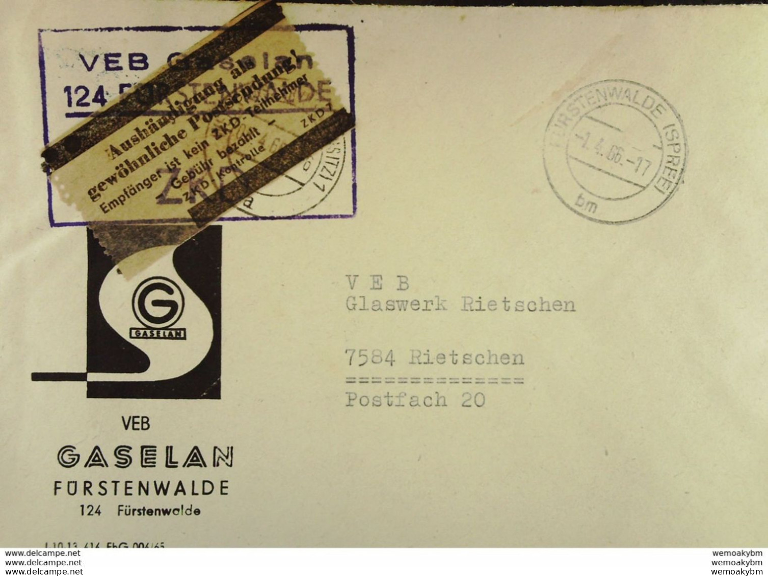 DDR: ZKD-Fern-Brf Mit ZKD-K-St. U Fahlbr. Aufkleber "Aushändigung Als Gew. Postsendung!" Fürstenwalde 1.4.66 Knr: ZKD 7 - Covers & Documents