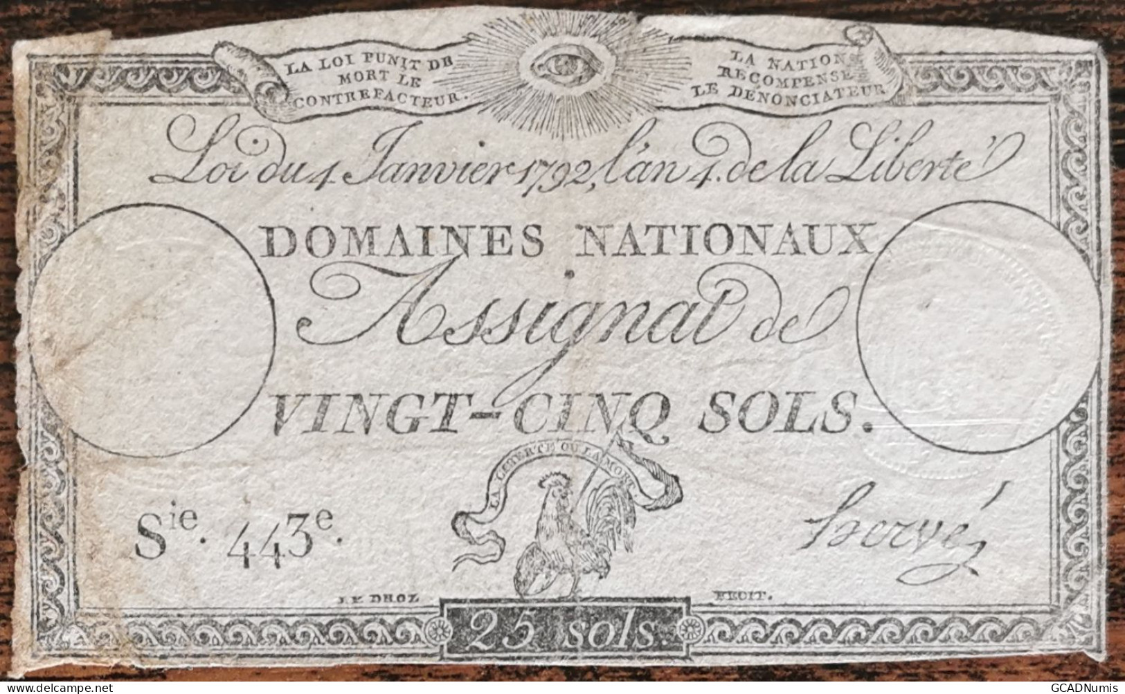 Assignat 25 Sols - 4 Janvier 1792 - Série 443 - Domaine Nationaux - Assignate