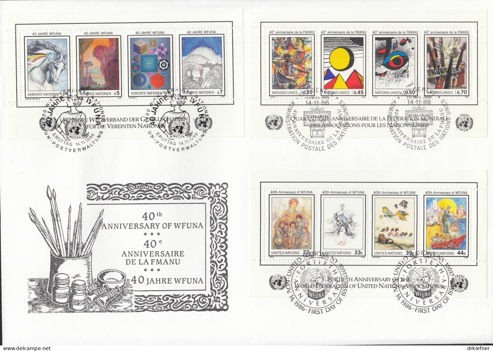 UNO NEW YORK  Trio-FDC Block 9, G Block 4, W Block 3, 40 Jahre WFUNA, 1986 - FDC