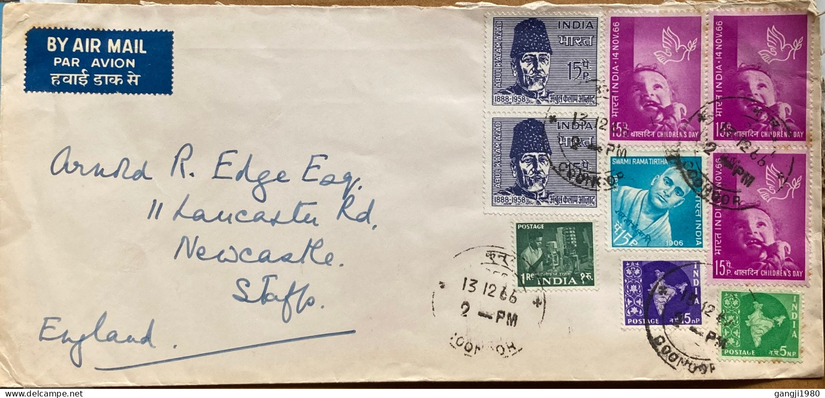 INDIA 1966, COVER USED TO ENGLAND, ABDUL KALAM AZAD, CHILDREN DAY, SWAMI RAMA TIRTH, MAP, TELEPHONE INDUSTRY, COONOOR CI - Brieven En Documenten