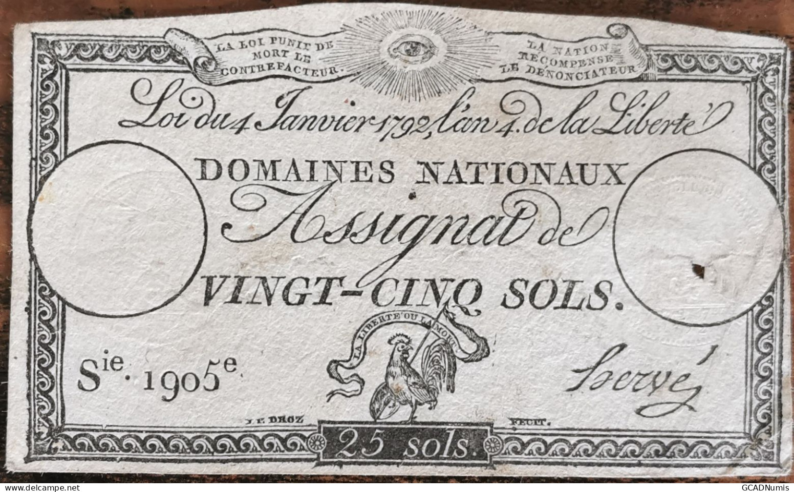 Assignat 25 Sols - 4 Janvier 1792 - Série 1905 - Domaine Nationaux - Assignats & Mandats Territoriaux