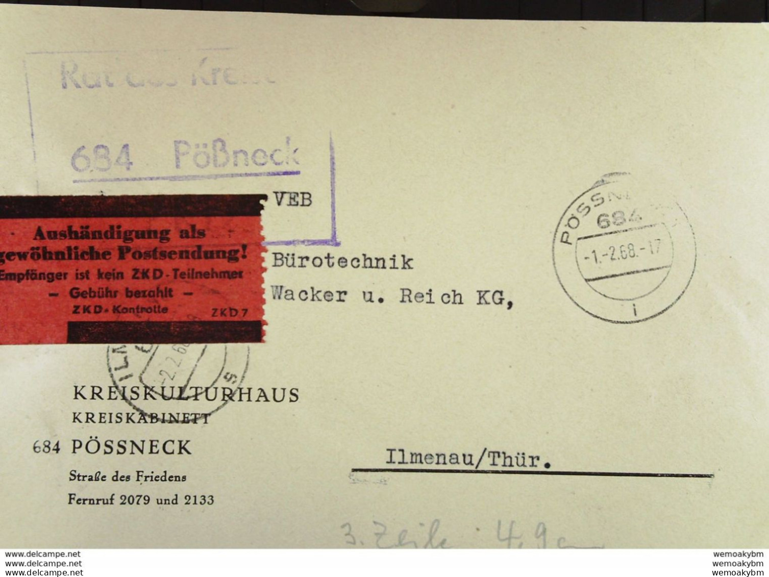 DDR: ZKD-Fern-Brf Mit ZKD-K-St. Und Rotem Aufkleber "Aushändigung Als Gew. Postsendung!" Pössneck 1.2.68 Knr: AFS,ZKD 7 - Covers & Documents