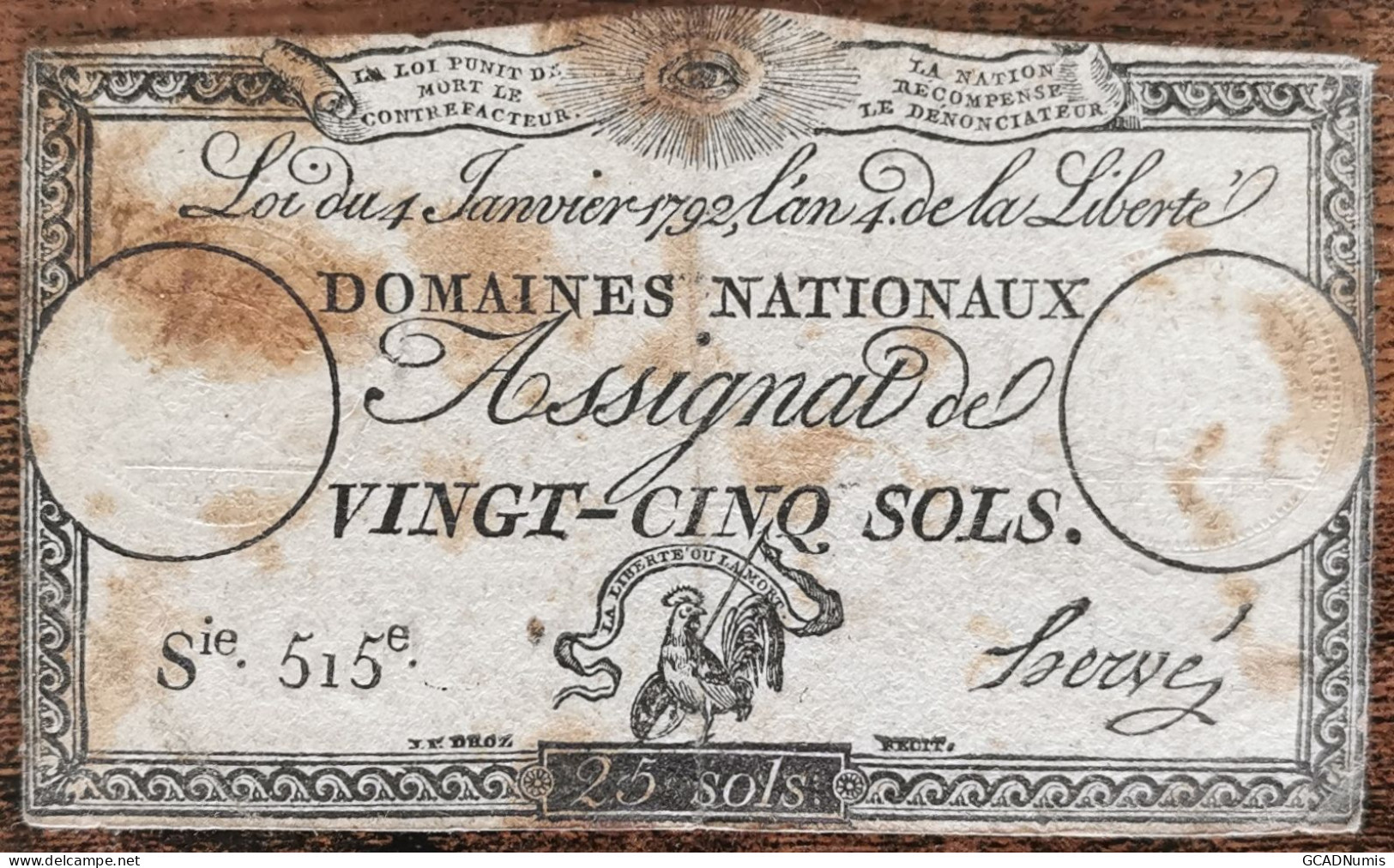 Assignat 25 Sols - 4 Janvier 1792 - Série 515 - Domaine Nationaux - Assegnati