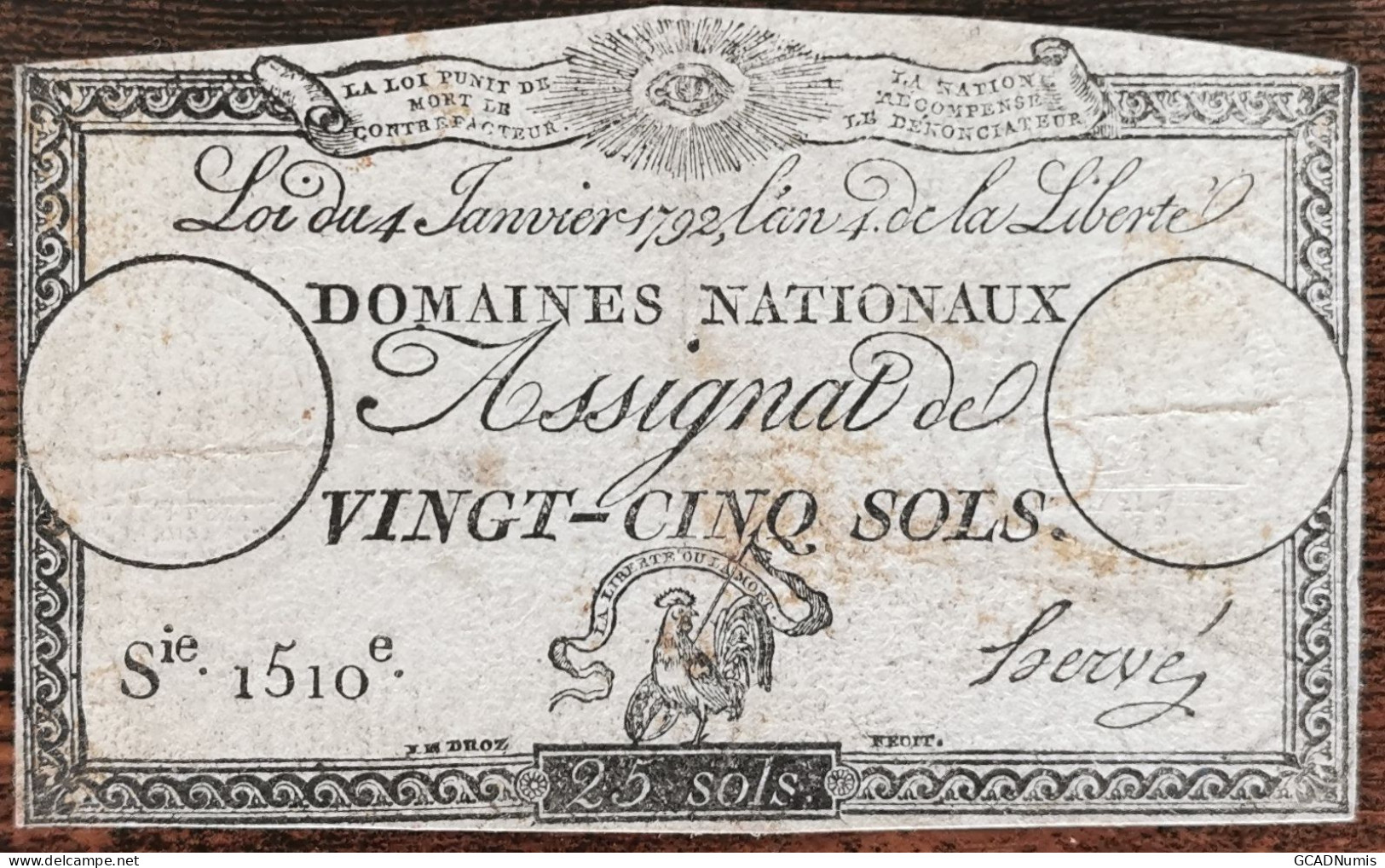 Assignat 25 Sols - 4 Janvier 1792 - Série 1510 - Domaine Nationaux - Assignate