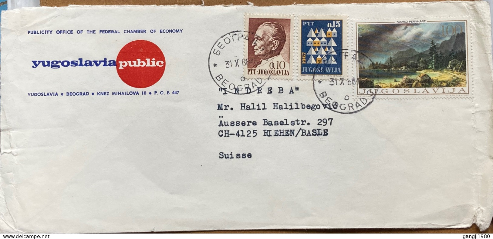 YUGOSLAVIA 1968, ADVERTISING COVER, USED TO SWISS, CHAMBER OF COMMERCE NEWS, 3 DIFF STAMP, MARSHAL TITO,  MARKO PERNHART - Covers & Documents