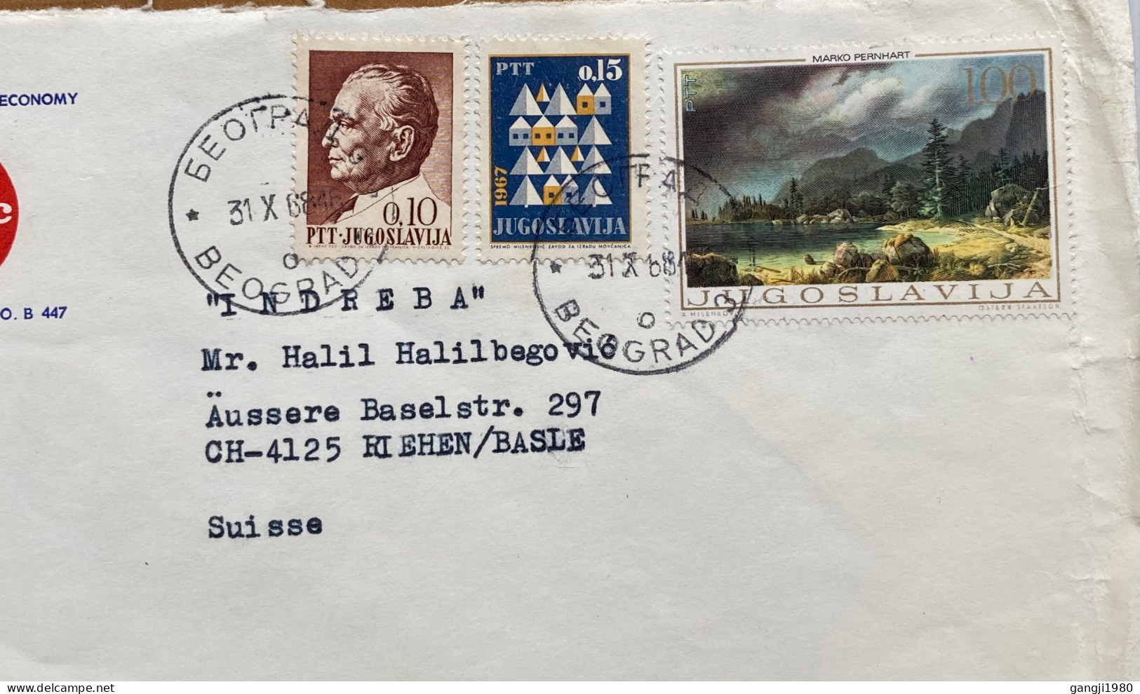 YUGOSLAVIA 1968, ADVERTISING COVER, USED TO SWISS, CHAMBER OF COMMERCE NEWS, 3 DIFF STAMP, MARSHAL TITO,  MARKO PERNHART - Storia Postale