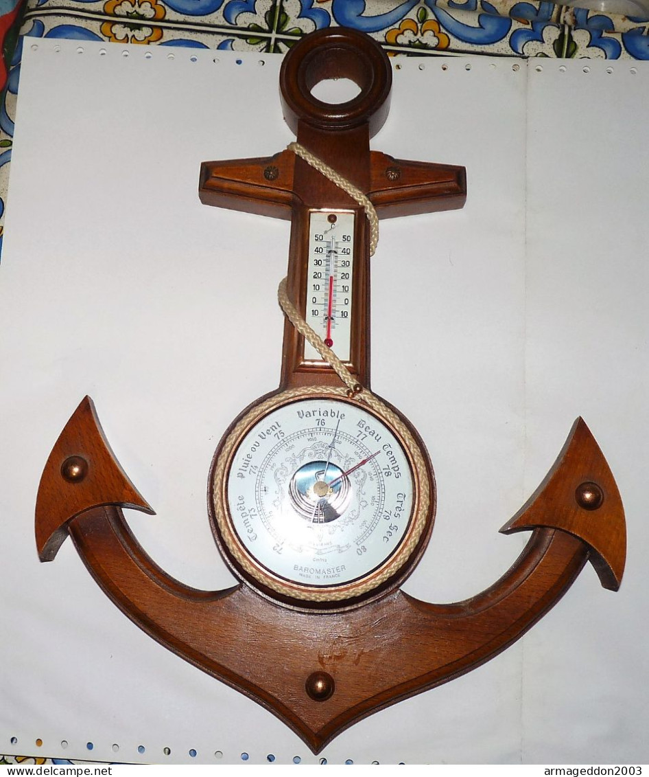 VINTAGE GROS BAROMETRE THERMOMETRE BAROMASTER FRANCE DECOR BOIS ANCRE MARINE - Tecnica & Strumenti Nautici