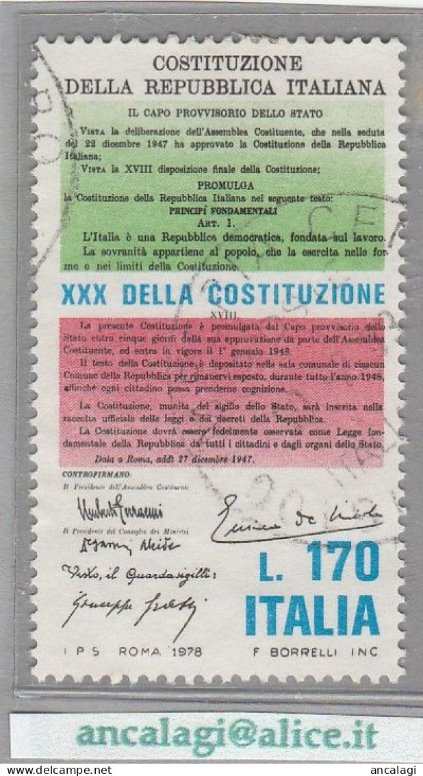 USATI ITALIA 1978 - Ref.0393 "ANNIVERSARIO COSTITUZIONE" 1 Val. - - 1971-80: Used
