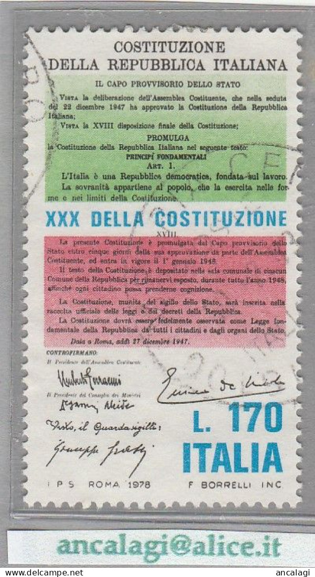 USATI ITALIA 1978 - Ref.0393 "ANNIVERSARIO COSTITUZIONE" 1 Val. - - 1971-80: Gebraucht