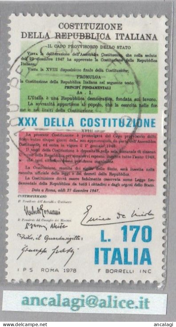 USATI ITALIA 1978 - Ref.0393B "ANNIVERSARIO COSTITUZIONE" 1 Val. - - 1971-80: Gebraucht