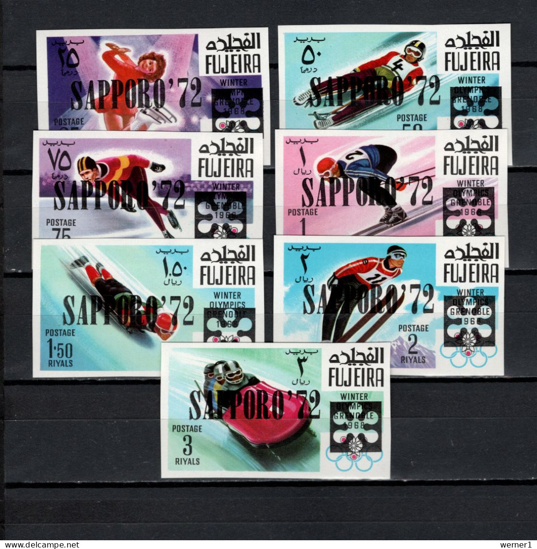 Fujeira 1969 Olympic Games Sapporo Set Of 7 Imperf. With Black Overprint MNH - Winter 1972: Sapporo