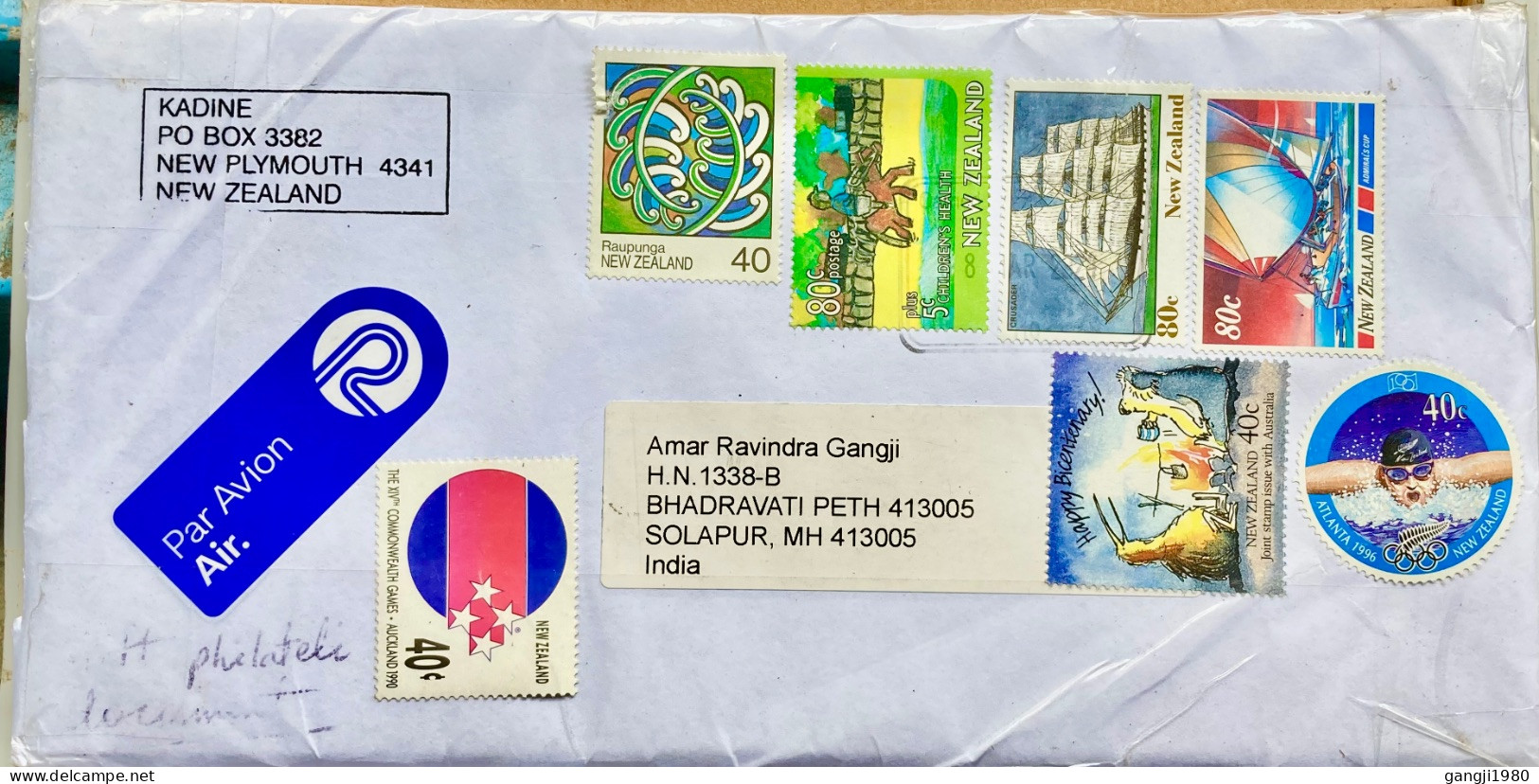 NEW ZEALAND 2024, COVER USED TO INDIA, RAUPUNGA, CHILDREN HEALTH, SHIP, ADMIRAL CUP, ODD SHAPE OLYMPIC 1996, AUSTRALIA J - Altri & Non Classificati