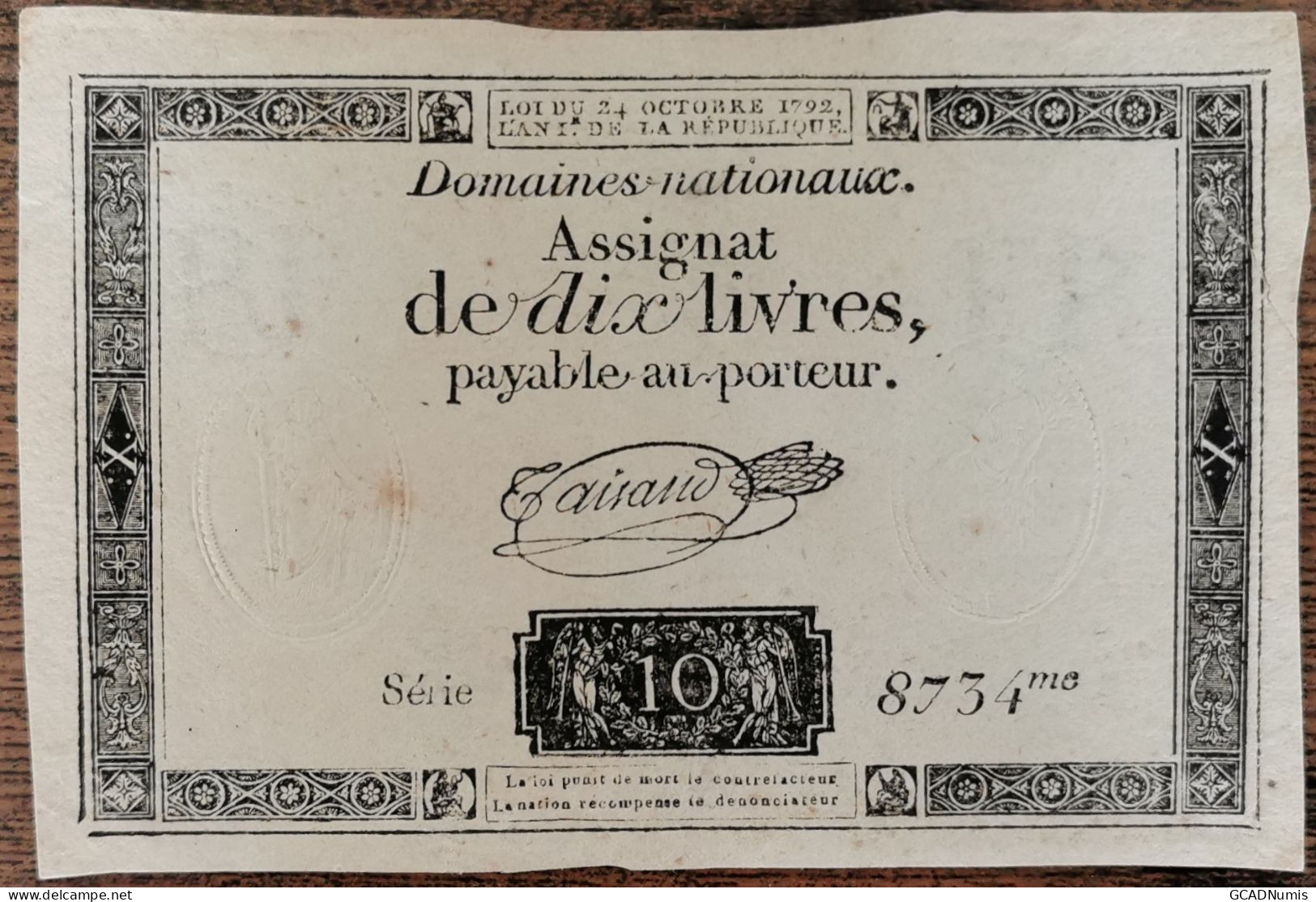 Assignat 10 Livres - 24 Octobre 1792 - Série 8734 - Domaine Nationaux - Assignats