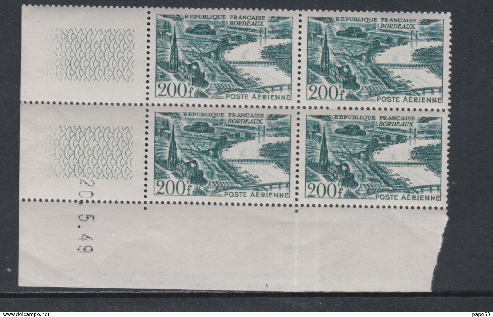 France P. A. N° 25 XX Bordeaux En Bloc De 4 Coin Daté Du 20 . 5  . 49 ;  Sans Charnière, TB - Airmail