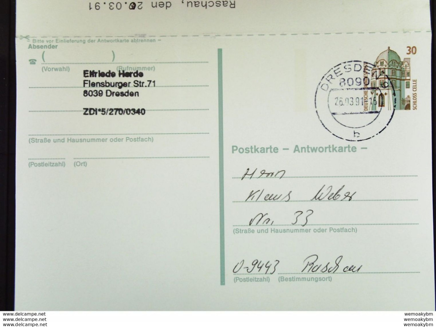 BRD-VGO: Gs-Karte Mit 30 Pf Celle Kompl. Gest. Raschau 20.3.91 U. Dresden 26.3.91-diese Gs Gab Es Nur Im VGO! Knr: P148 - Postkaarten - Gebruikt