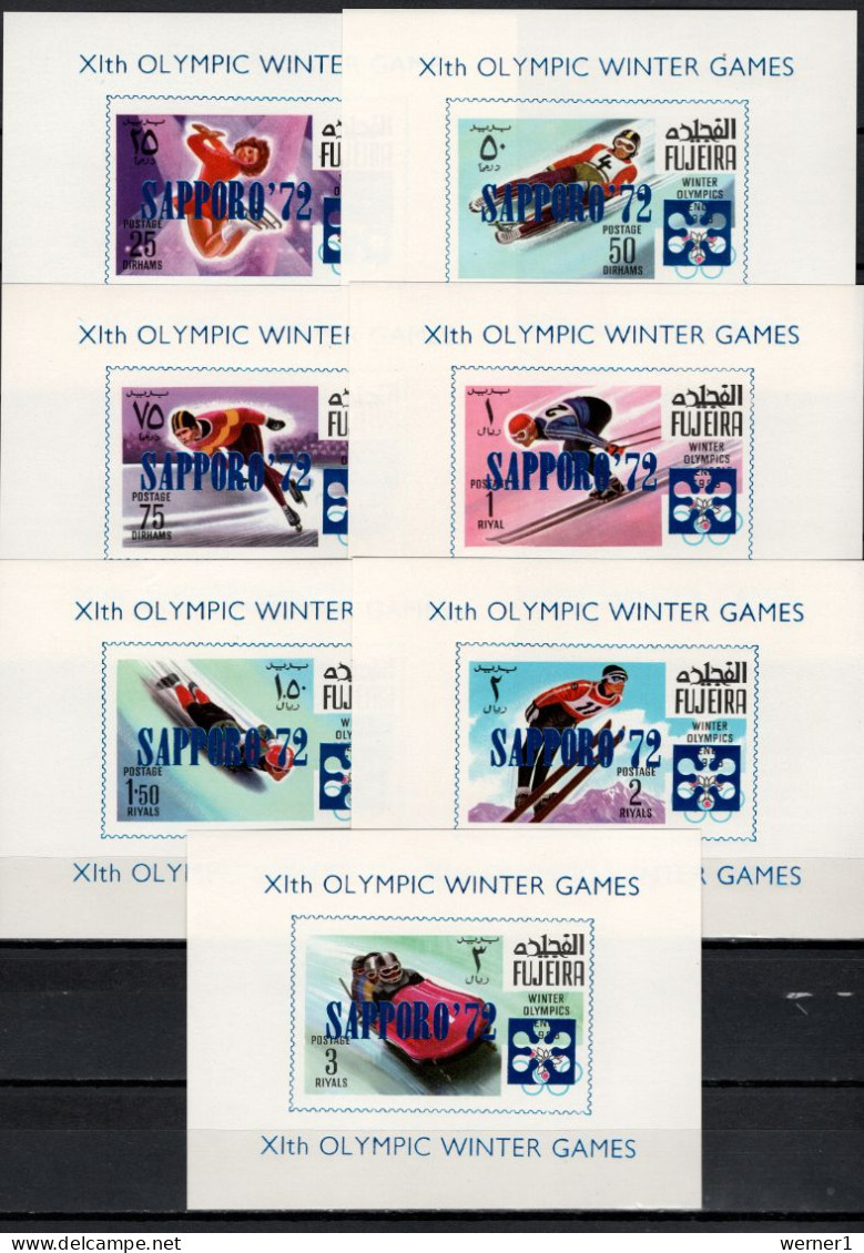 Fujeira 1969 Olympic Games Sapporo Set Of 7 S/s Imperf. With Blue Overprint MNH -scarce- - Inverno1972: Sapporo