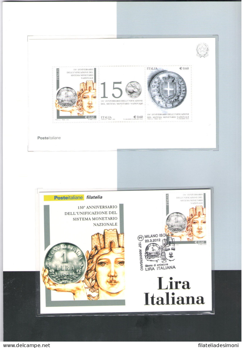 2012 Italia - Repubblica - Folder 150 Anniversario Lira Italiana, Con Foglietto N. 17 In Lamina D' Argento - MNH** SOTTO - Pochettes