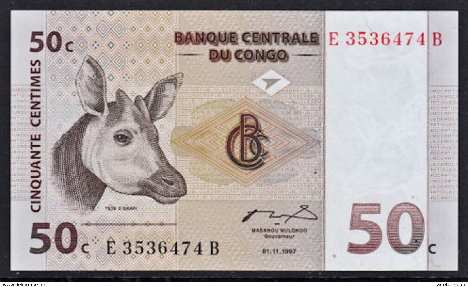 Cdb003  CONGO DR 1997, 50c Banknote, UNC - Demokratische Republik Kongo & Zaire