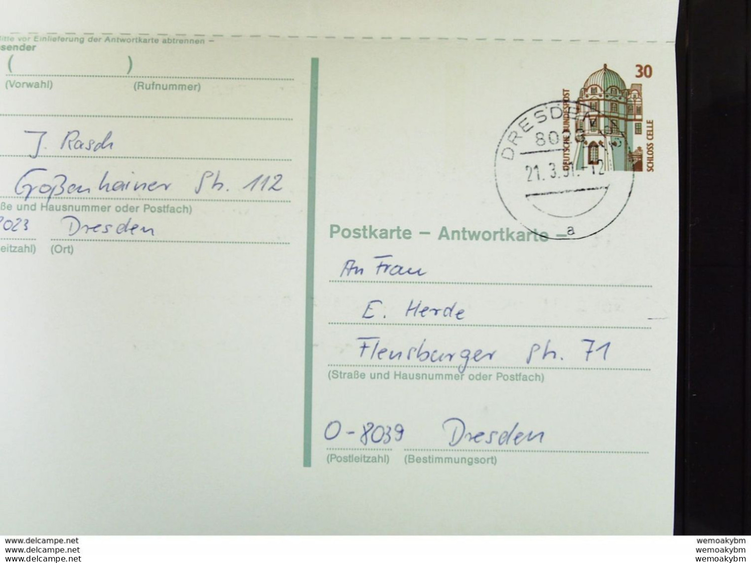 BRD-VGO: Gs-Karte Mit 30 Pf Celle Kompl. Gest. Dresden 15.3.91 U. Dresden 21.3.91-diese Gs Gab Es Nur Im VGO! Knr: P148 - Postales - Usados