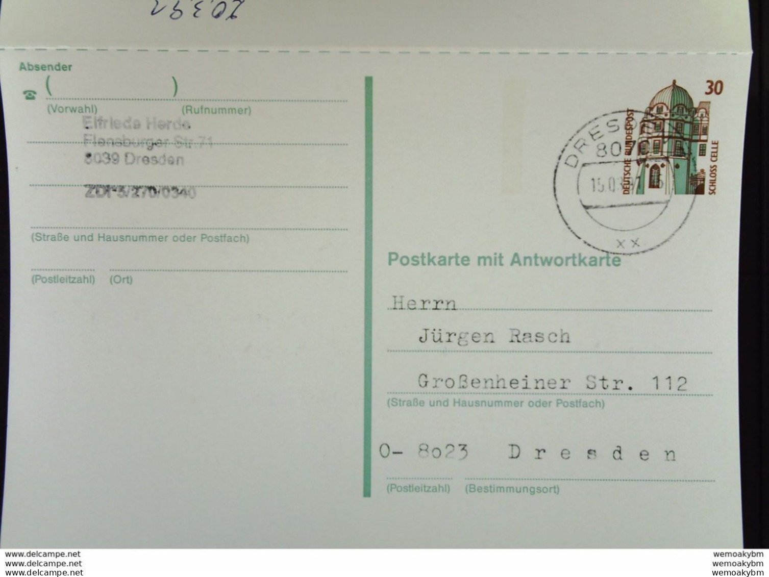 BRD-VGO: Gs-Karte Mit 30 Pf Celle Kompl. Gest. Dresden 15.3.91 U. Dresden 21.3.91-diese Gs Gab Es Nur Im VGO! Knr: P148 - Postkaarten - Gebruikt