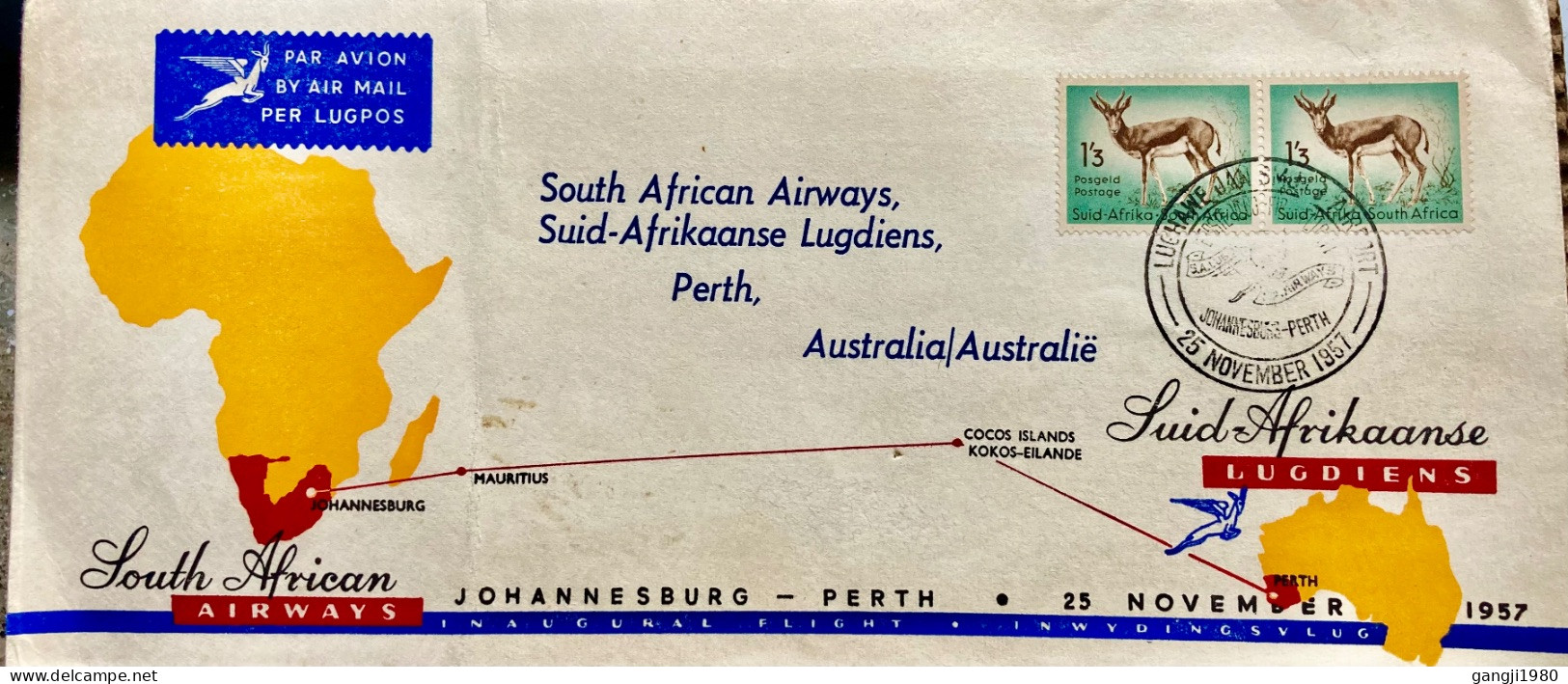 SOUTH AFRICA TO AUSTRALIA 1957, FIRST FLIGHT VIA MAURITIUS, COOK ISLAND, JOHANNESBURG TO PERTH CITY, MAP OF AFRICA, ANIM - Storia Postale