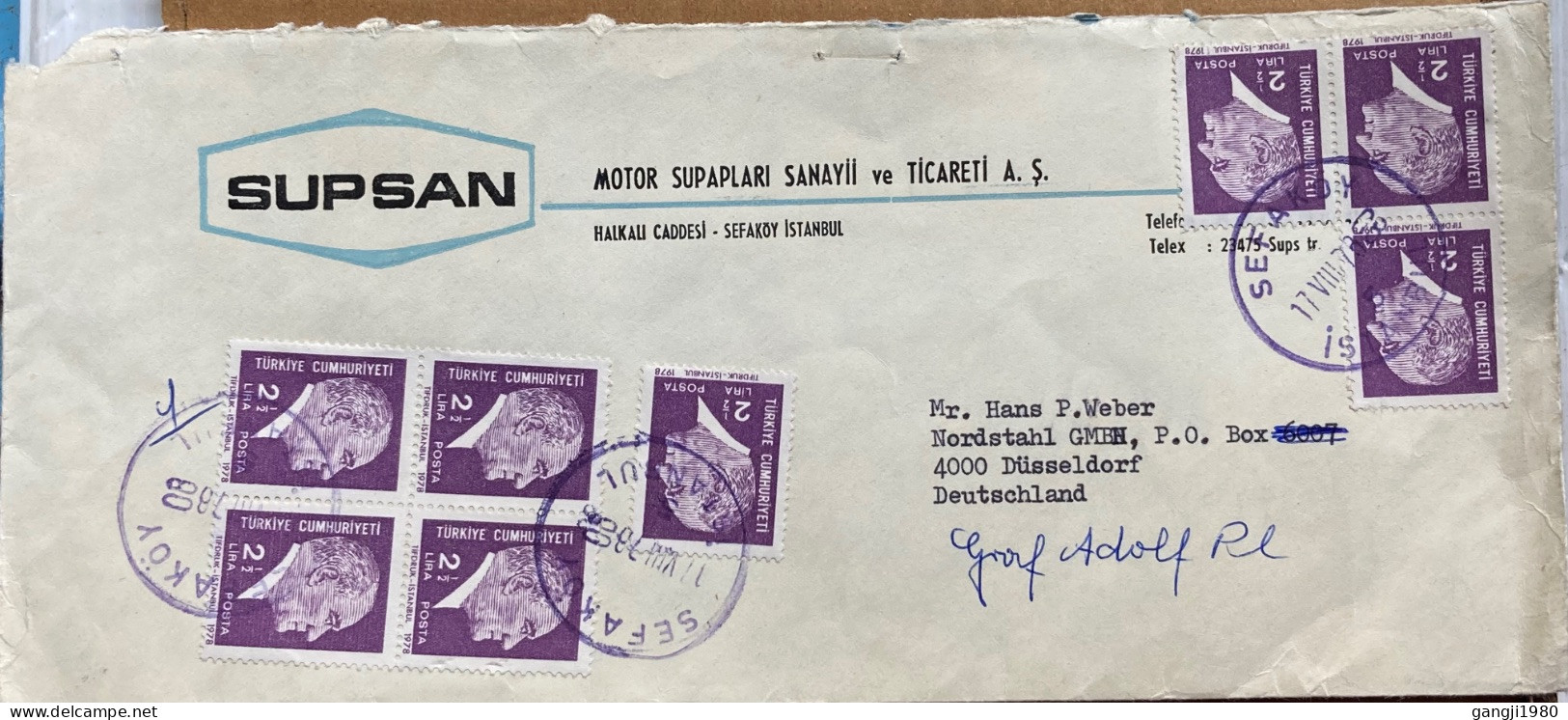 TURKEY TO GERMANY 1978, ADVERTISING COVER USED, RARE SHIPMENT NOTICE HAND STAMP BACKSIDE, SUPSAN MOTAR ENGINE VALVES IND - Covers & Documents