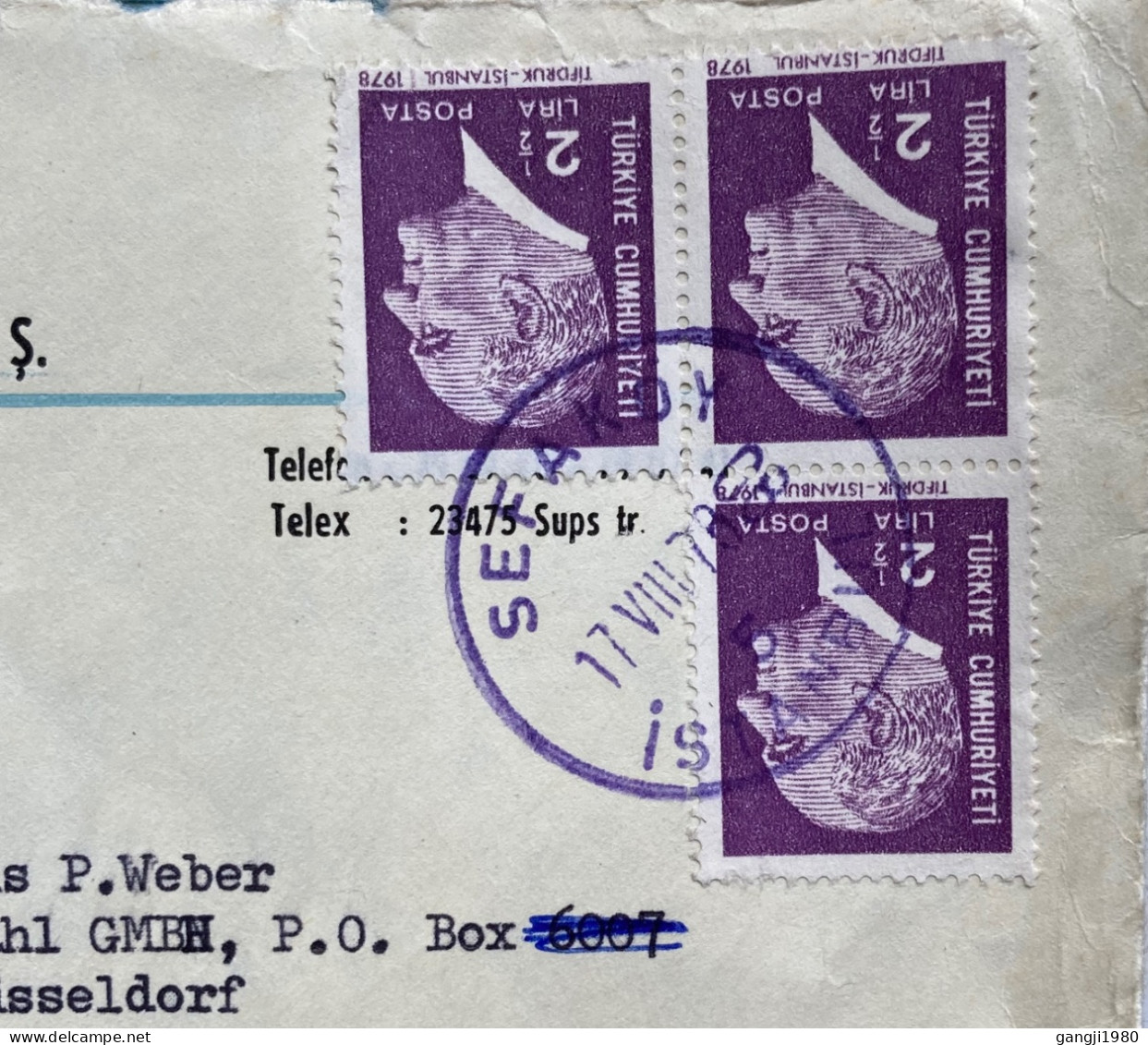 TURKEY TO GERMANY 1978, ADVERTISING COVER USED, RARE SHIPMENT NOTICE HAND STAMP BACKSIDE, SUPSAN MOTAR ENGINE VALVES IND - Covers & Documents