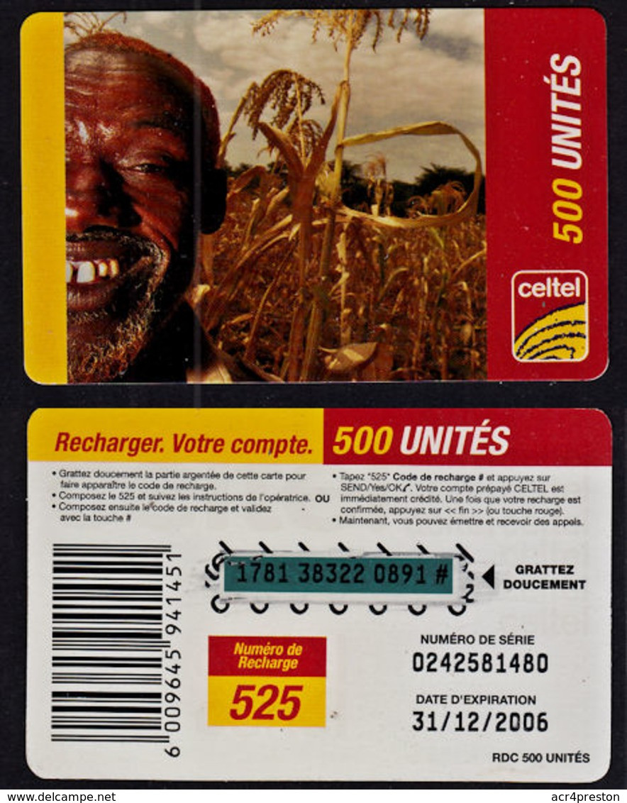 Tc024 DR CONGO, Celtel, Man In Cornfield, 500 Unités, Used - Congo