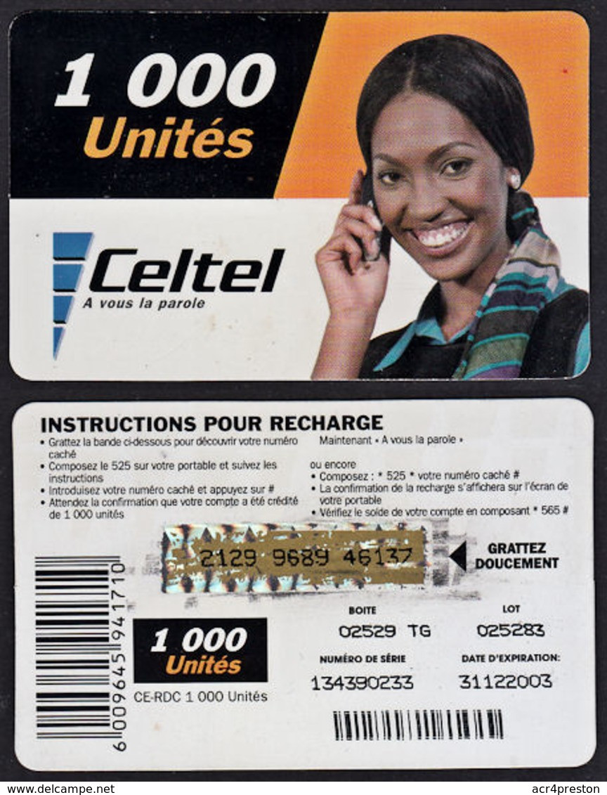 Tc031 DR CONGO, Celtel, Lady On Phone, 1000 Unités, Used - Kongo