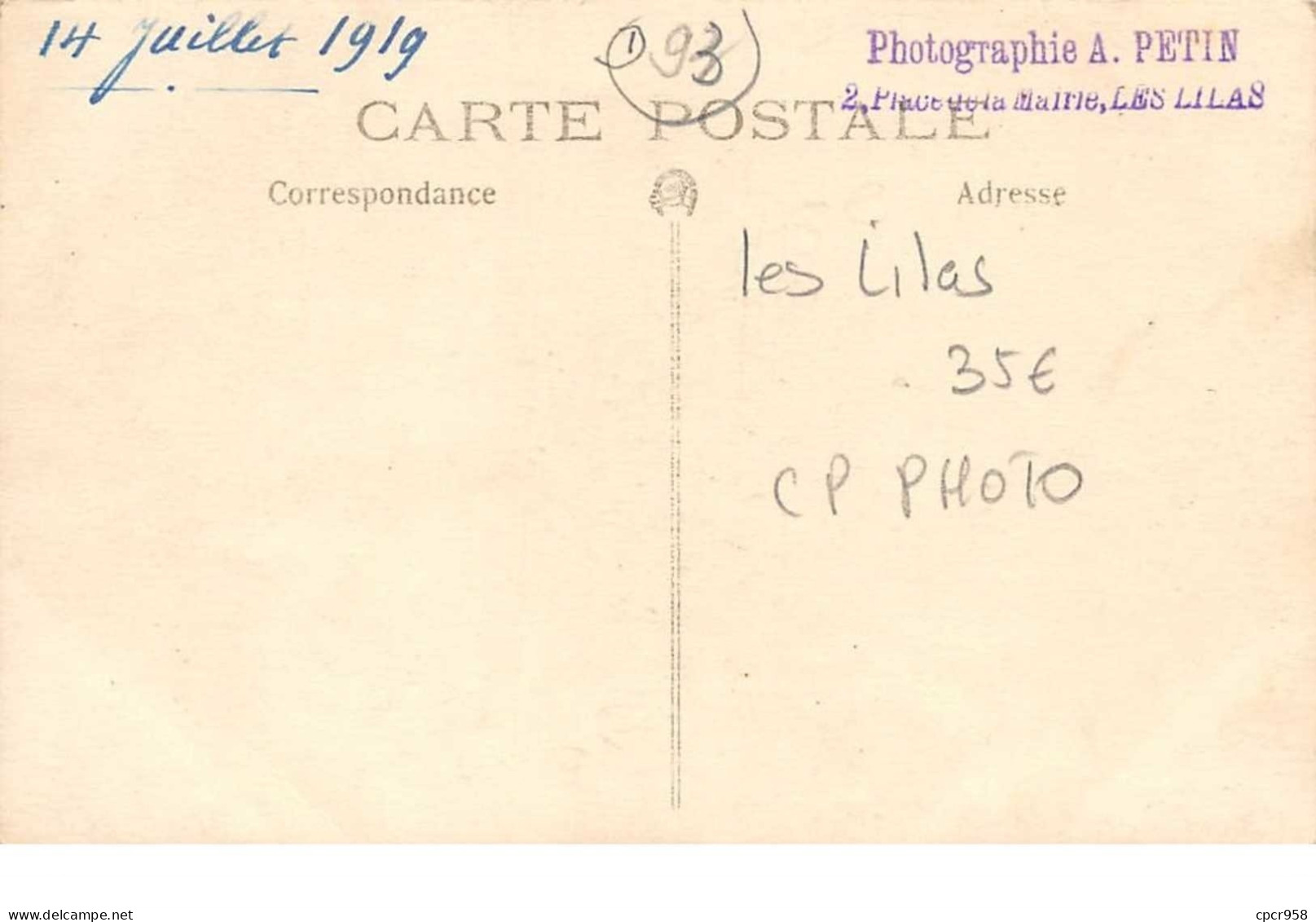 93. N°52309 . Les Lilas .photo A Petit . 1919 . Enfants.carte Photo - Les Lilas