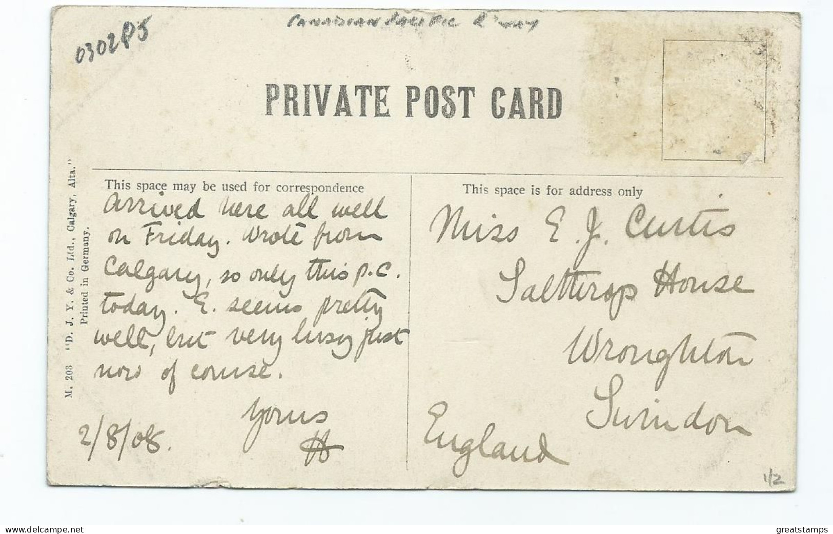 Railway Postcard Canadian Pacific Railway Alta Posted 1908 No Stamp. - Kunstbauten