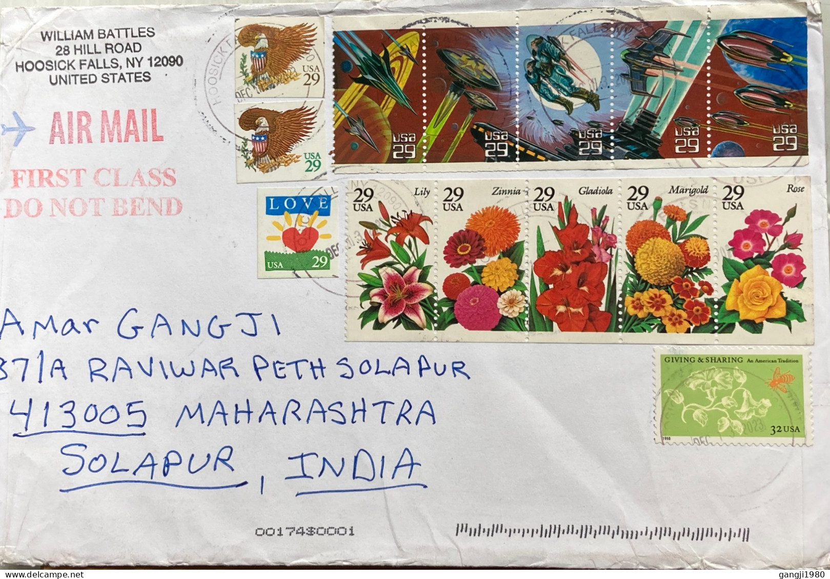 USA 2024, COVER USED TO INDIA, EAGLE, 5 DIFF FLOWER, &  SPACE, GIVING & SHARING, LOVE, 14 DIFF STAMP, HOOSICK FALLS CITY - Storia Postale