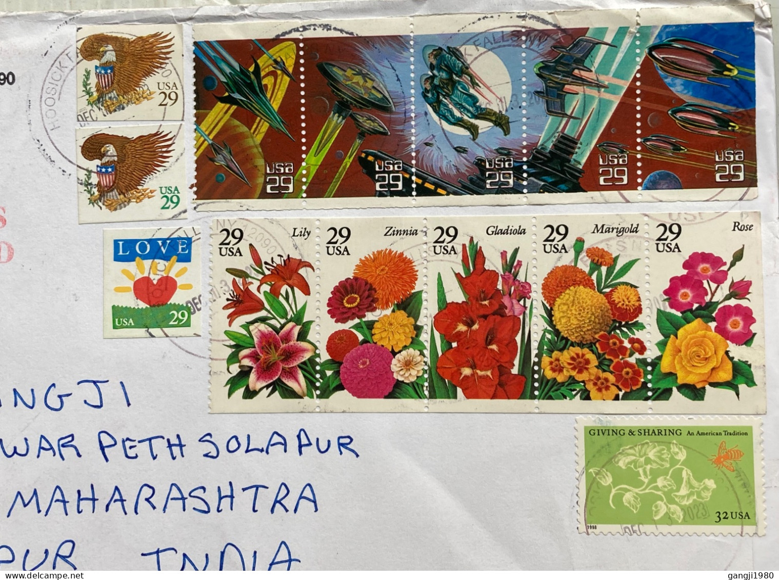 USA 2024, COVER USED TO INDIA, EAGLE, 5 DIFF FLOWER, &  SPACE, GIVING & SHARING, LOVE, 14 DIFF STAMP, HOOSICK FALLS CITY - Cartas & Documentos